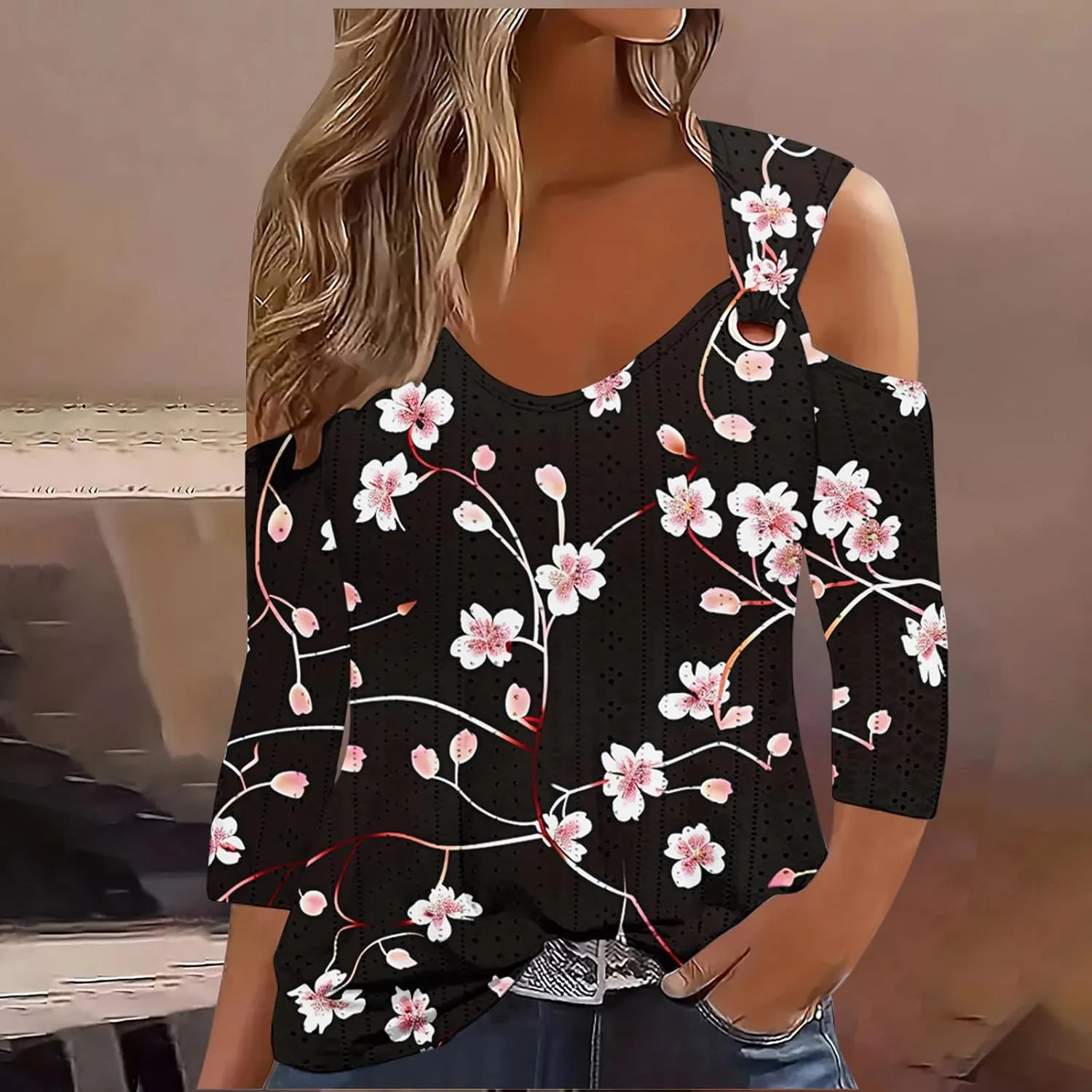 3/4 Length Sleeve Cold Shoulder Womens Plus Size Eyelet Tops Summer Casual Blouse Trendy Dressy Boho Floral Shirts