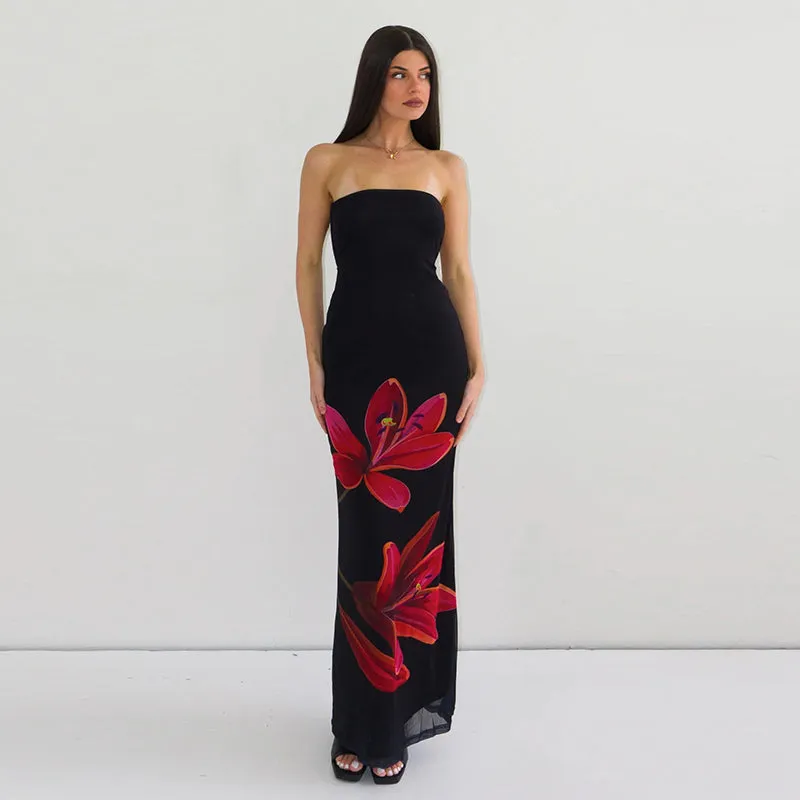 Amozae-Christmas Outfits New Year's Eve Dress Night Out Club Dresses cute winter outfits Kahli Strapless Floral Maxi Dress