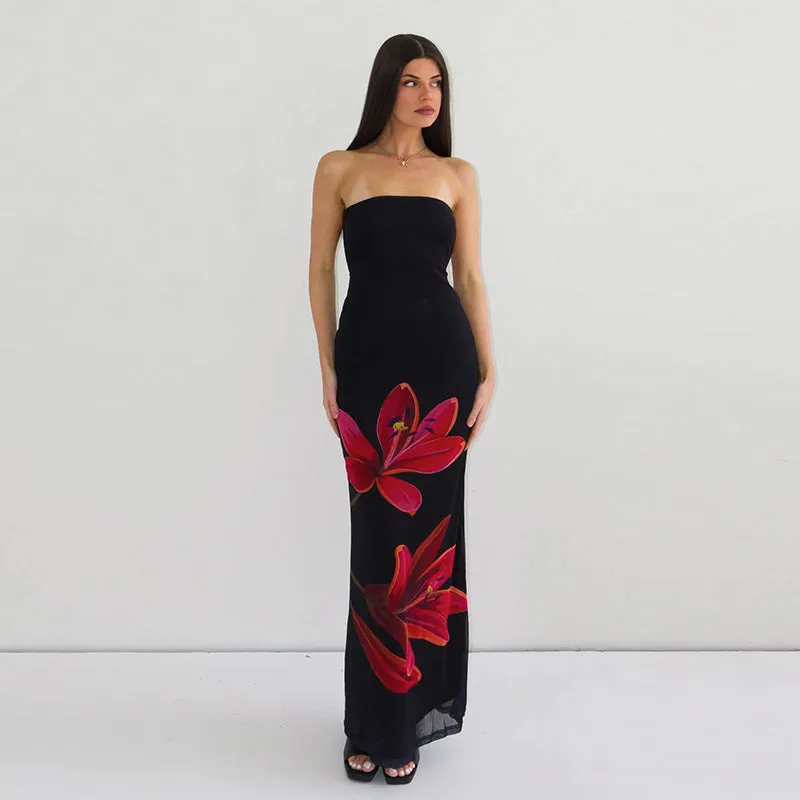 Amozae-Christmas Outfits New Year's Eve Dress Night Out Club Dresses cute winter outfits Kahli Strapless Floral Maxi Dress