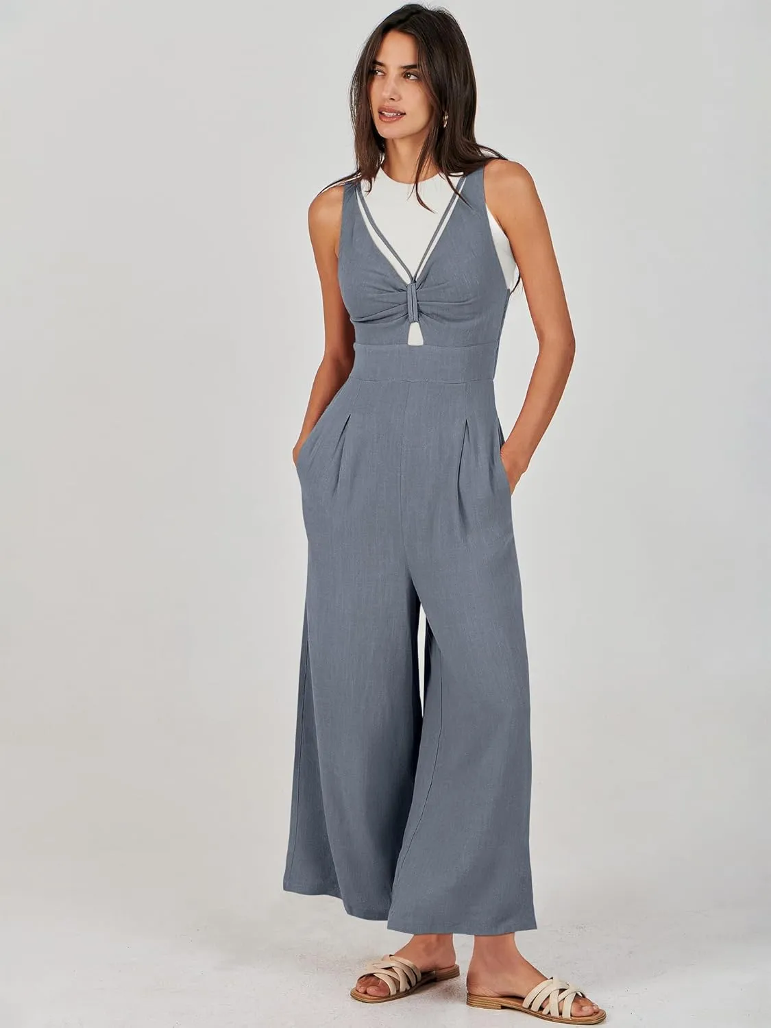 ANRABESS Women's Jumpsuits Summer Wide Leg Sleeveless V Neck Casual Dressy Linen Pants Rompers 2025 Vacation Beach Outfits