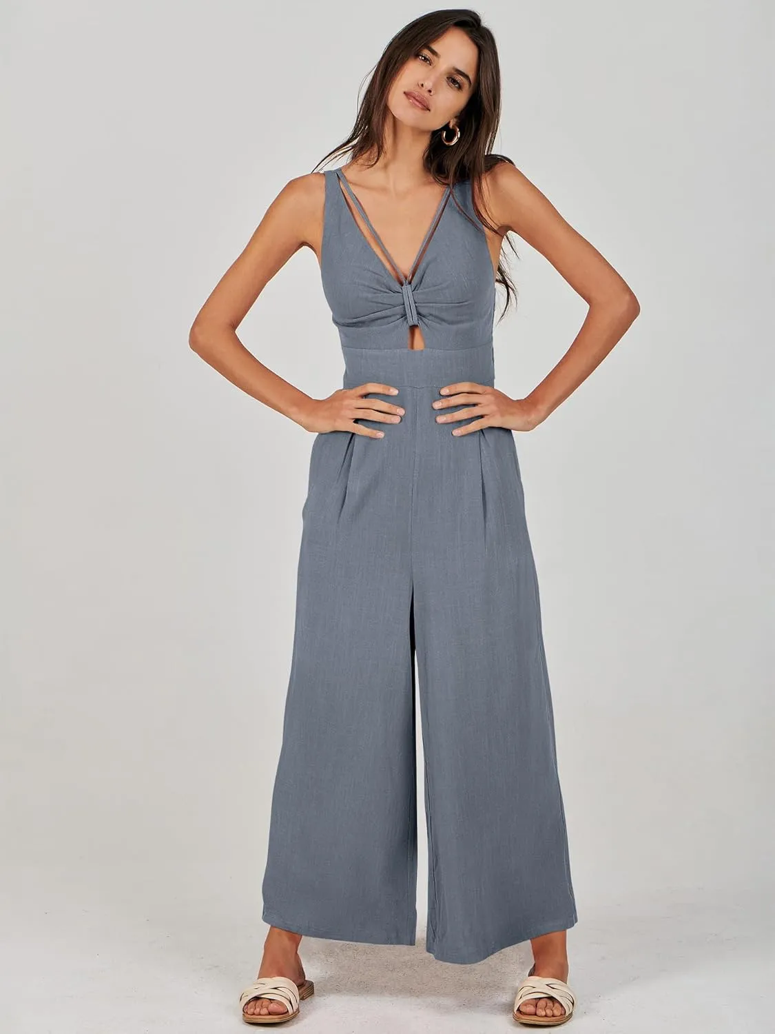 ANRABESS Women's Jumpsuits Summer Wide Leg Sleeveless V Neck Casual Dressy Linen Pants Rompers 2025 Vacation Beach Outfits