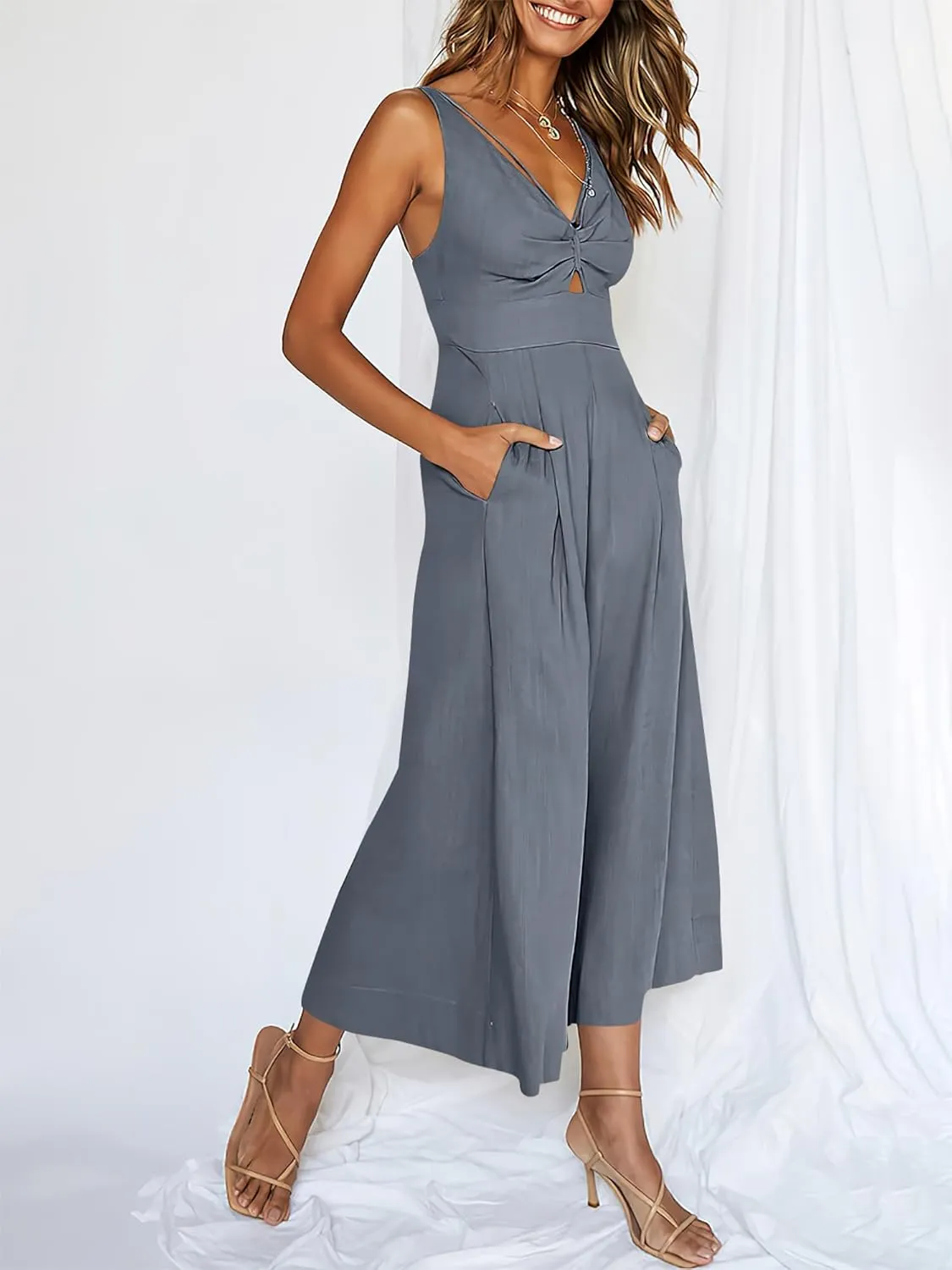 ANRABESS Women's Jumpsuits Summer Wide Leg Sleeveless V Neck Casual Dressy Linen Pants Rompers 2025 Vacation Beach Outfits