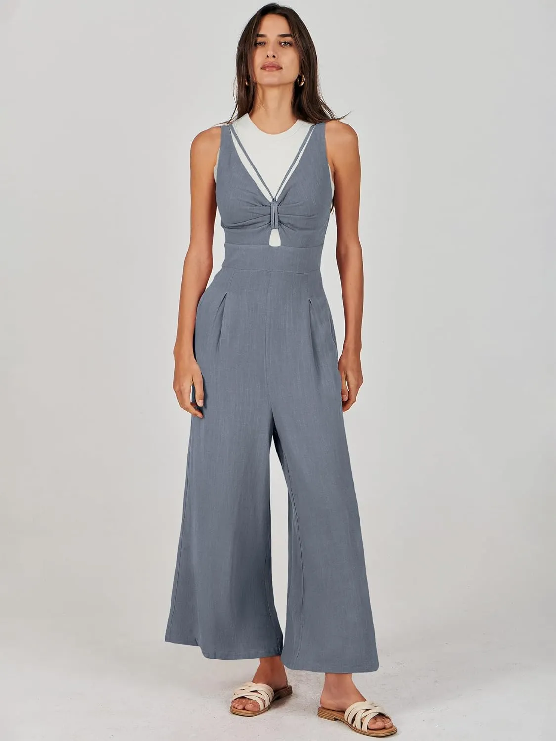 ANRABESS Women's Jumpsuits Summer Wide Leg Sleeveless V Neck Casual Dressy Linen Pants Rompers 2025 Vacation Beach Outfits