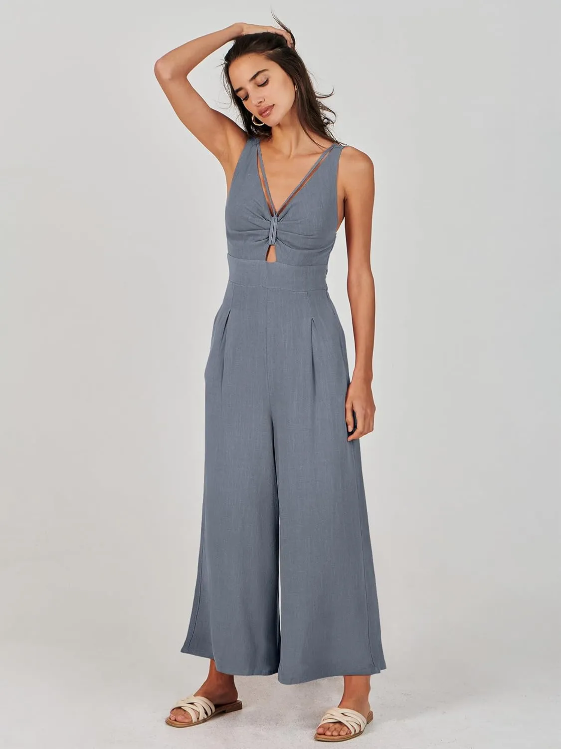 ANRABESS Women's Jumpsuits Summer Wide Leg Sleeveless V Neck Casual Dressy Linen Pants Rompers 2025 Vacation Beach Outfits