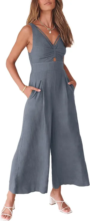 ANRABESS Women's Jumpsuits Summer Wide Leg Sleeveless V Neck Casual Dressy Linen Pants Rompers 2025 Vacation Beach Outfits
