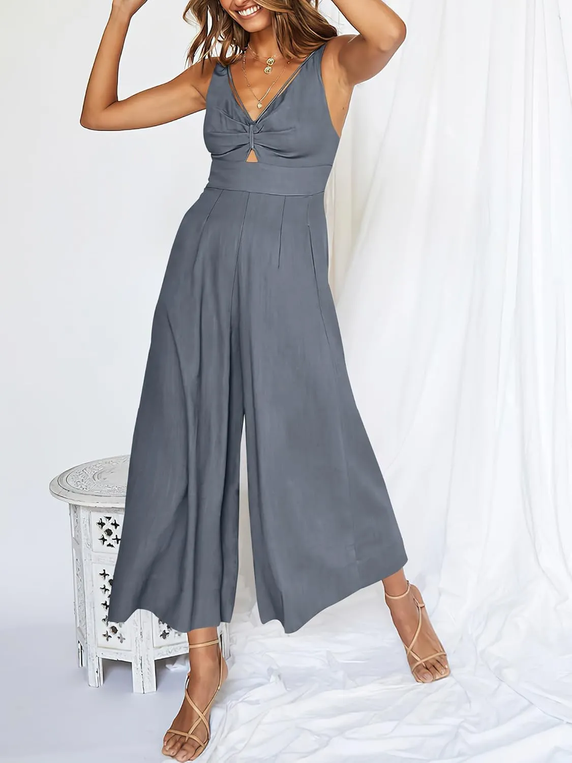ANRABESS Women's Jumpsuits Summer Wide Leg Sleeveless V Neck Casual Dressy Linen Pants Rompers 2025 Vacation Beach Outfits