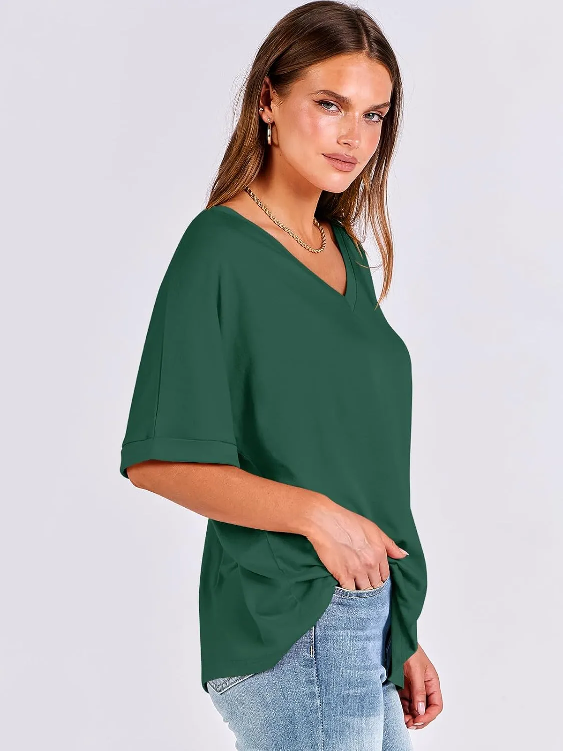 ANRABESS Women's Oversized T Shirts Short Sleeve V Neck Summer Tops Casual Loose Basic Plain Tee Shirts 2025 Clothes Outfits