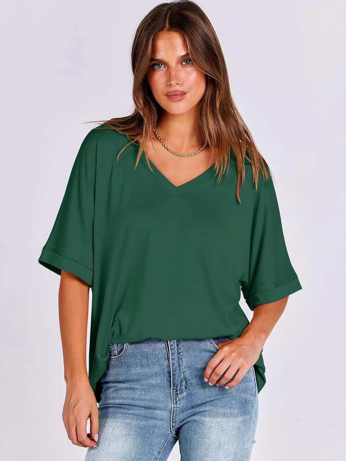 ANRABESS Women's Oversized T Shirts Short Sleeve V Neck Summer Tops Casual Loose Basic Plain Tee Shirts 2025 Clothes Outfits