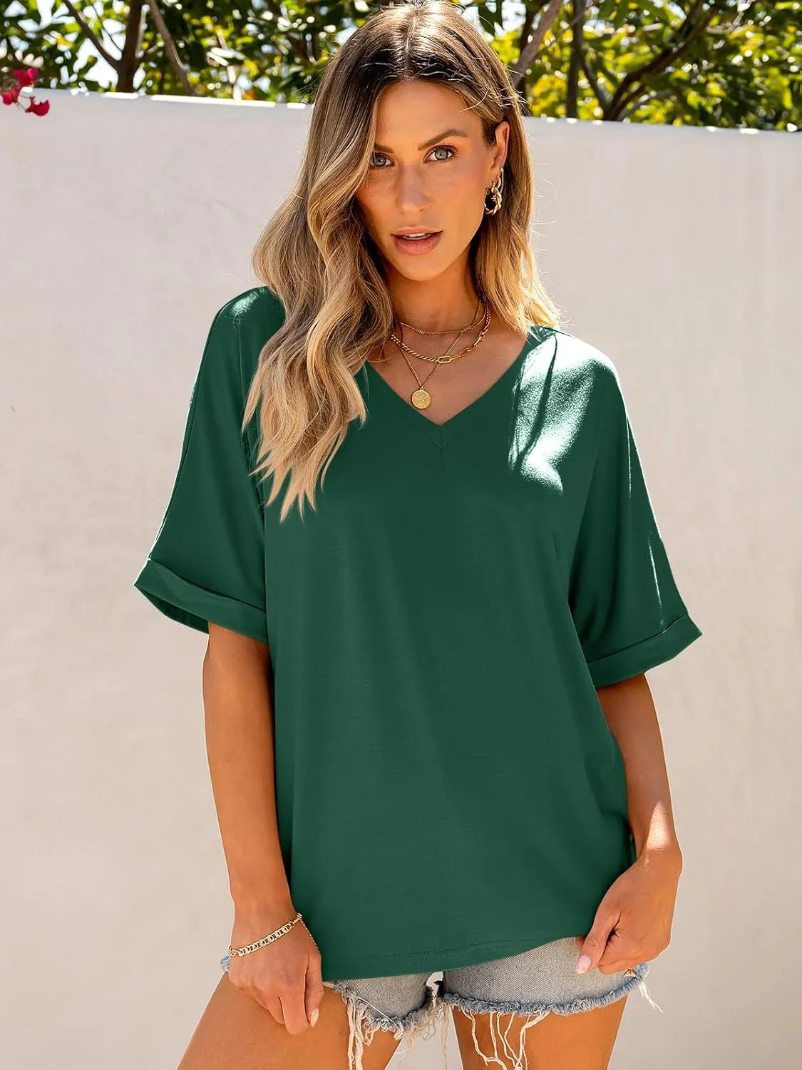 ANRABESS Women's Oversized T Shirts Short Sleeve V Neck Summer Tops Casual Loose Basic Plain Tee Shirts 2025 Clothes Outfits