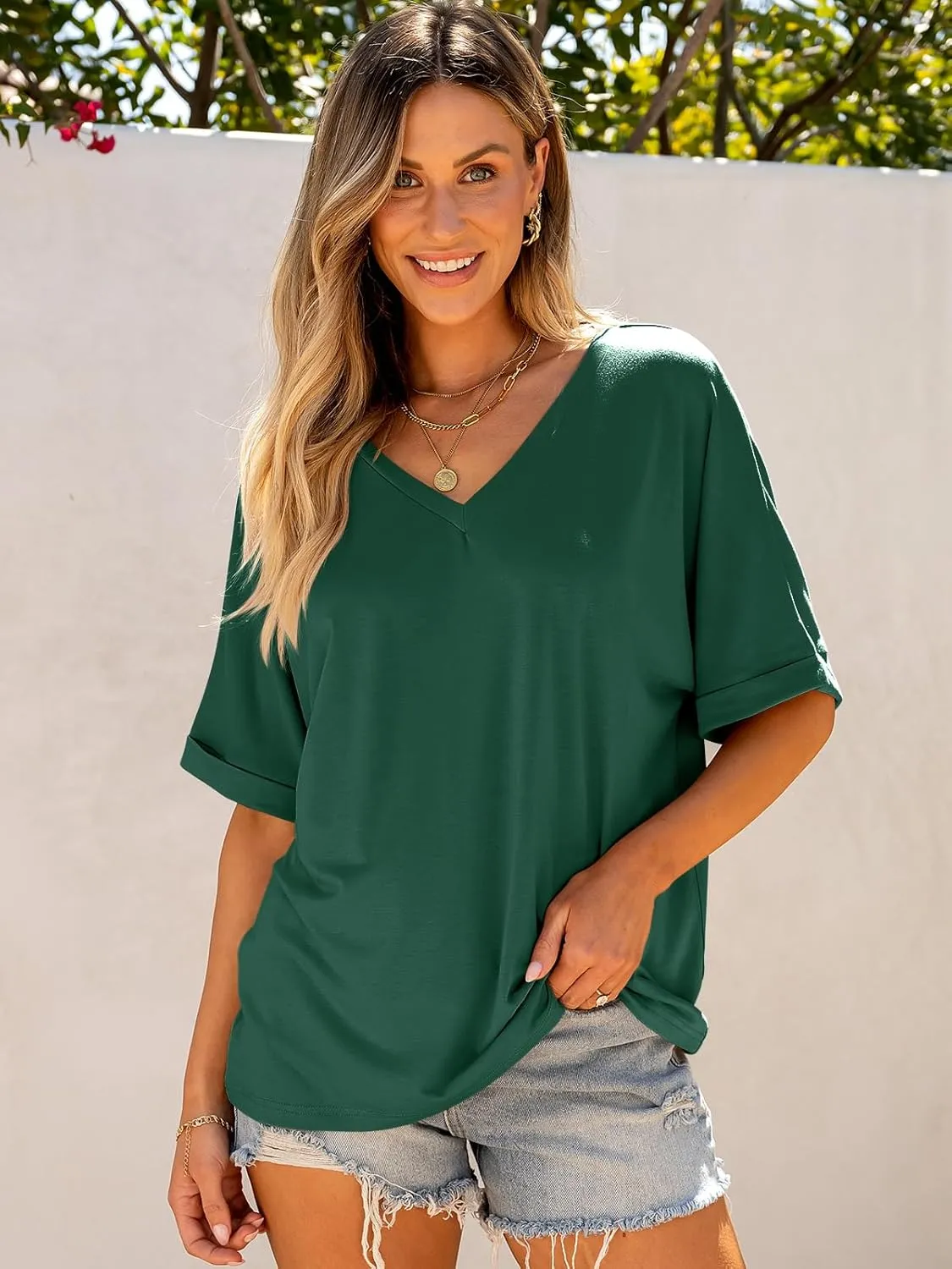 ANRABESS Women's Oversized T Shirts Short Sleeve V Neck Summer Tops Casual Loose Basic Plain Tee Shirts 2025 Clothes Outfits