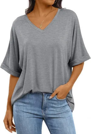ANRABESS Women's Oversized T Shirts Short Sleeve V Neck Summer Tops Casual Loose Basic Plain Tee Shirts 2025 Clothes Outfits
