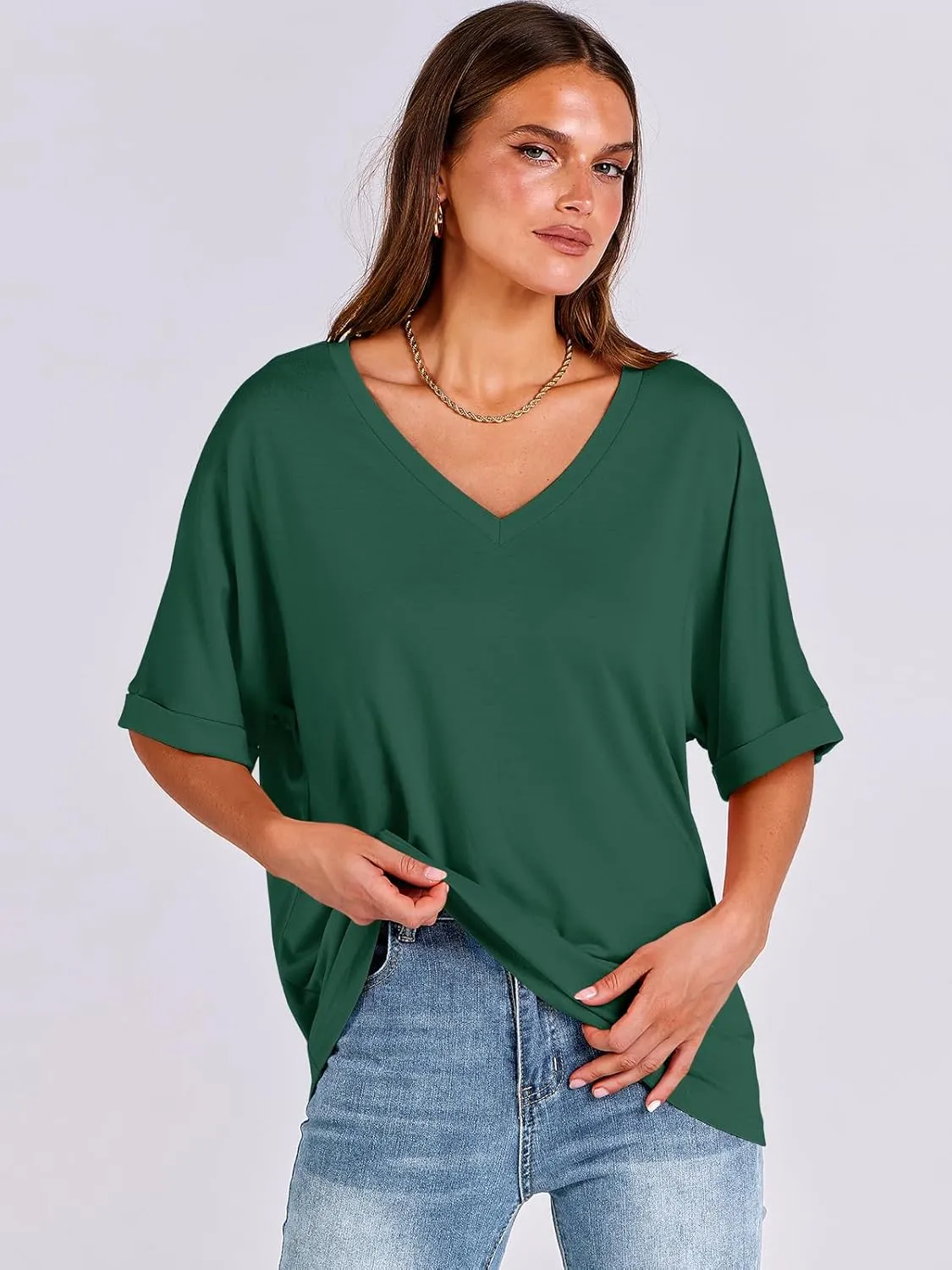 ANRABESS Women's Oversized T Shirts Short Sleeve V Neck Summer Tops Casual Loose Basic Plain Tee Shirts 2025 Clothes Outfits