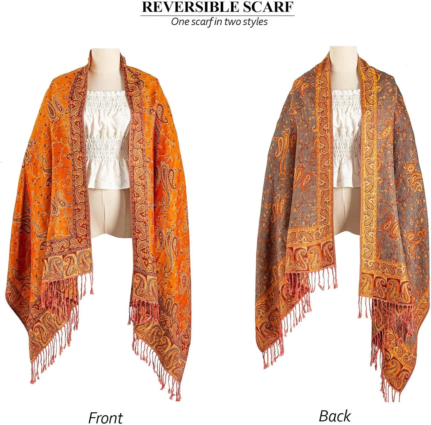 AUSEKALY Pashmina Feel Shawls Wraps for Women Rave Scarf Soft Silky Reversible Men Scarves