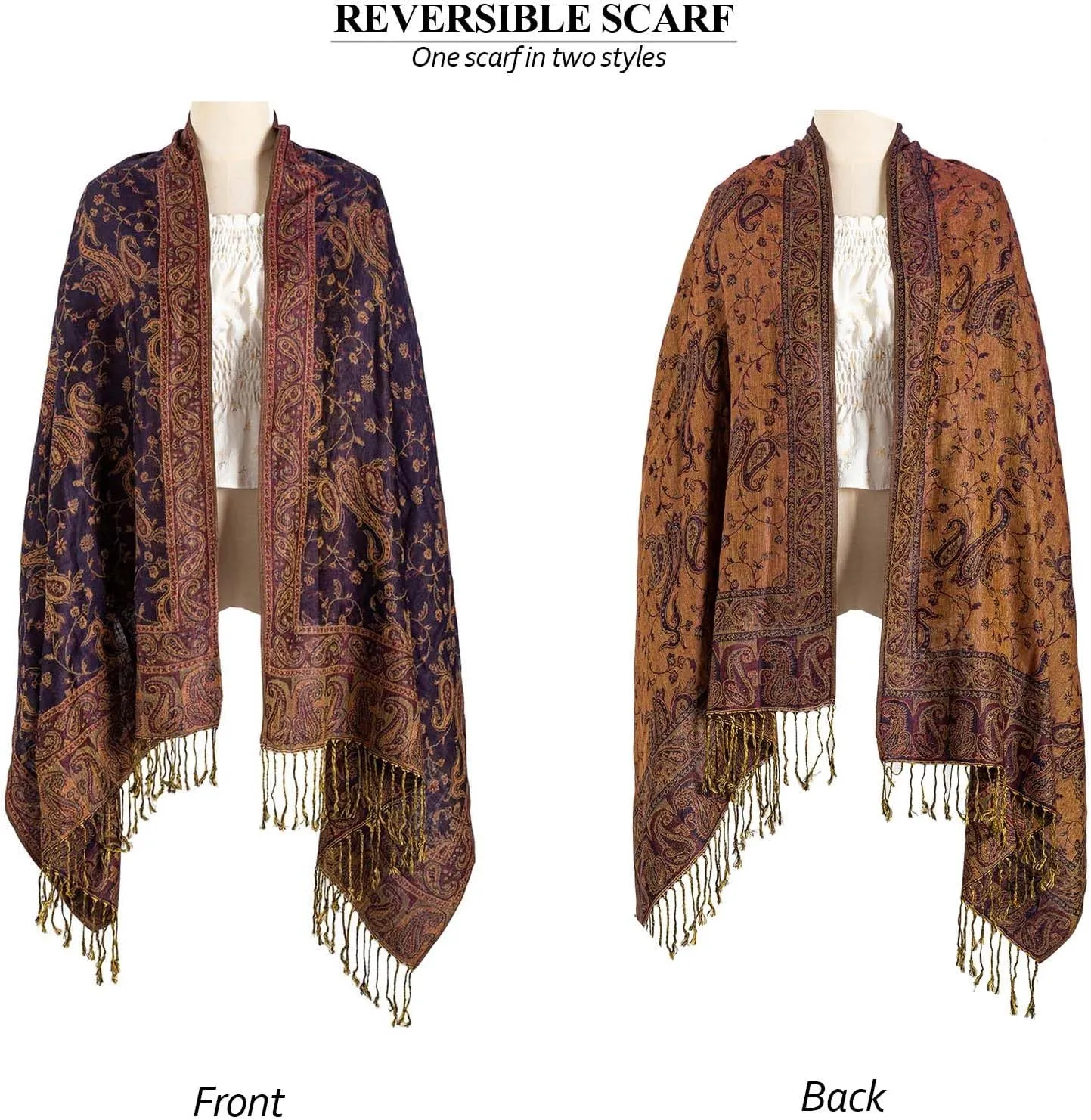 AUSEKALY Pashmina Feel Shawls Wraps for Women Rave Scarf Soft Silky Reversible Men Scarves