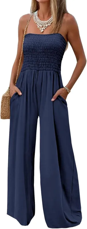 AUXDIO Womens Casual Strapless Summer Jumpsuits Loose Off Shoulder Smocked Sleeveless Wide Leg Romper with Pockets