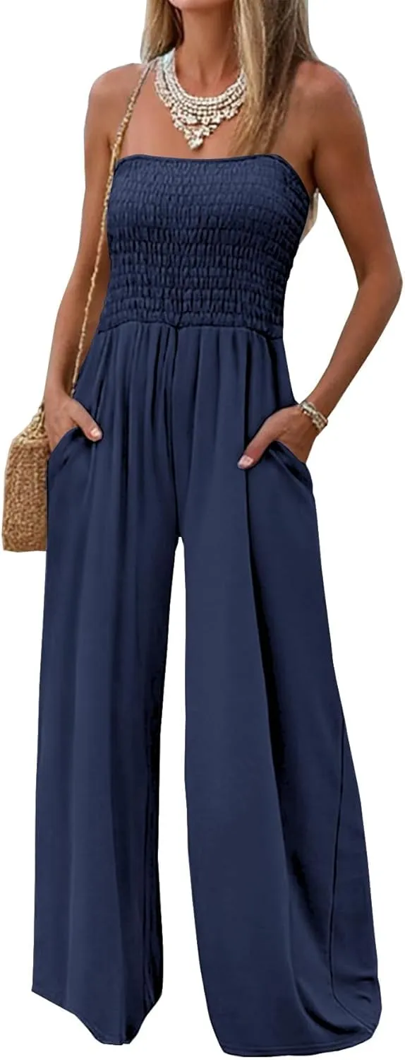 AUXDIO Womens Casual Strapless Summer Jumpsuits Loose Off Shoulder Smocked Sleeveless Wide Leg Romper with Pockets