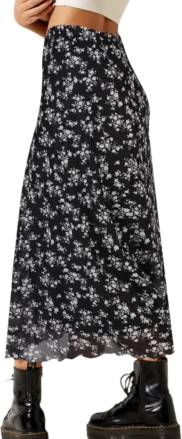 Avanova Women Mesh Floral Boho High Waist Midi Skirt Lettuce Trim Summer A Line Skirt
