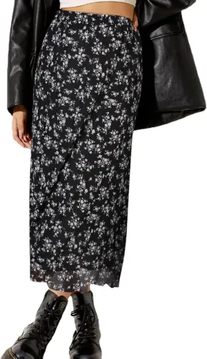 Avanova Women Mesh Floral Boho High Waist Midi Skirt Lettuce Trim Summer A Line Skirt