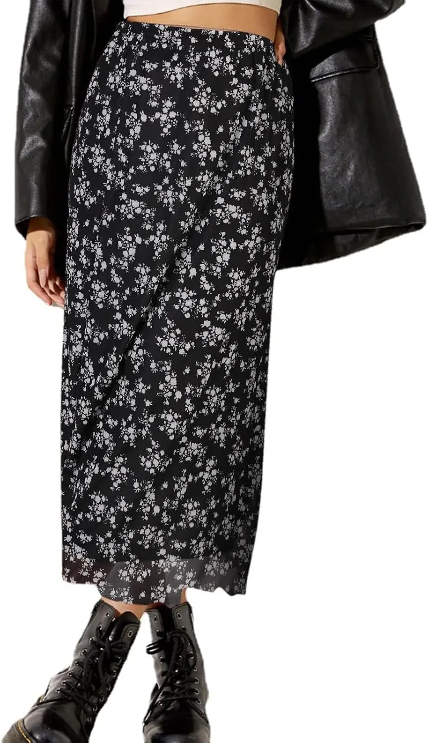 Avanova Women Mesh Floral Boho High Waist Midi Skirt Lettuce Trim Summer A Line Skirt