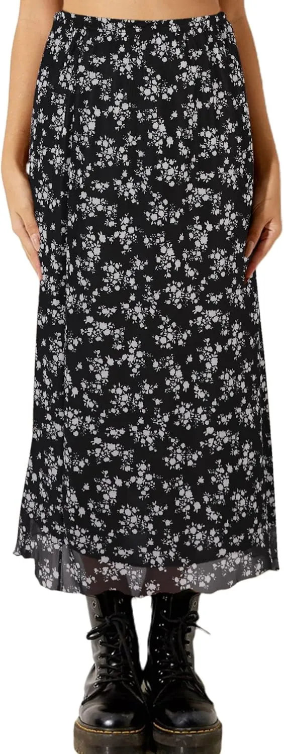 Avanova Women Mesh Floral Boho High Waist Midi Skirt Lettuce Trim Summer A Line Skirt