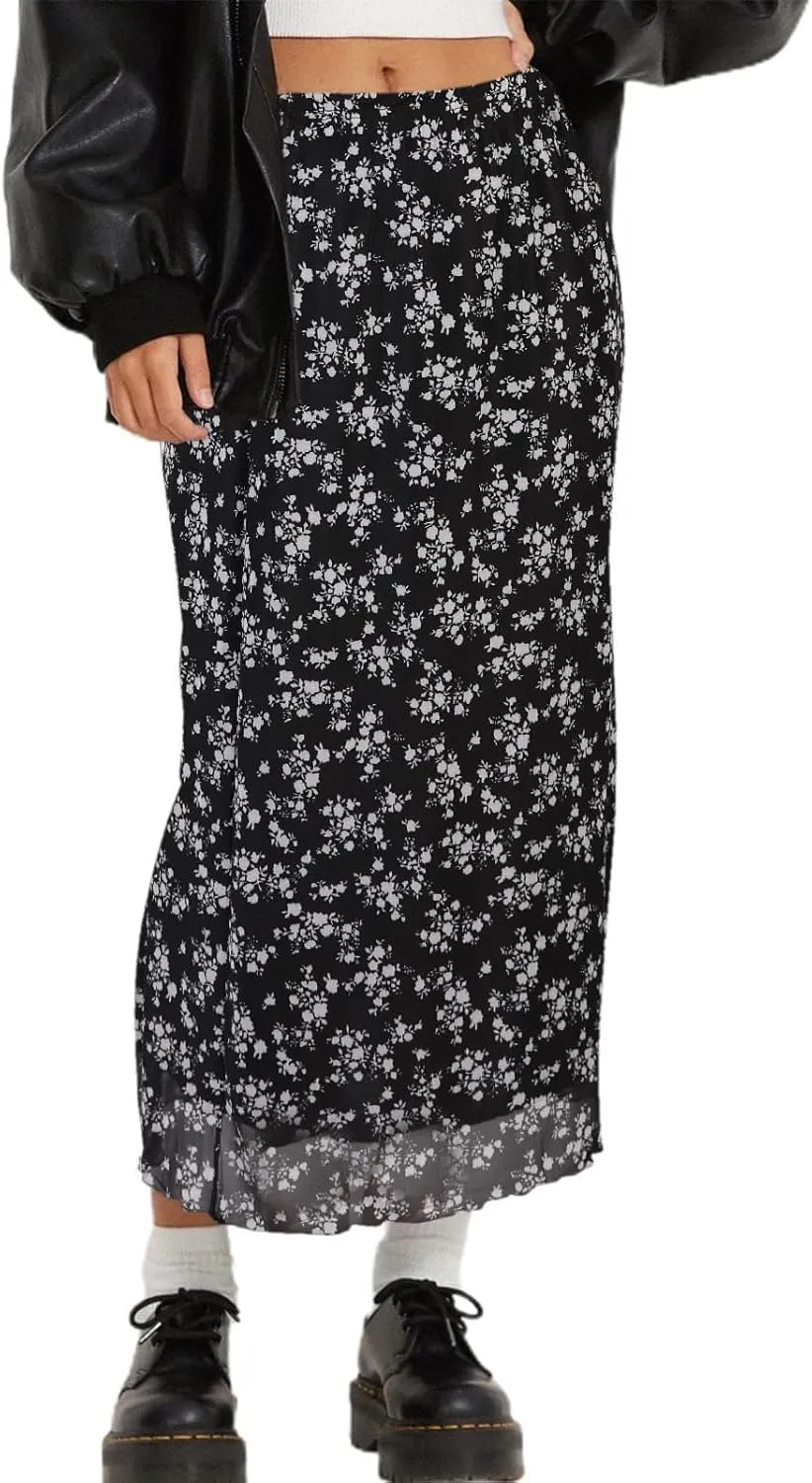 Avanova Women Mesh Floral Boho High Waist Midi Skirt Lettuce Trim Summer A Line Skirt