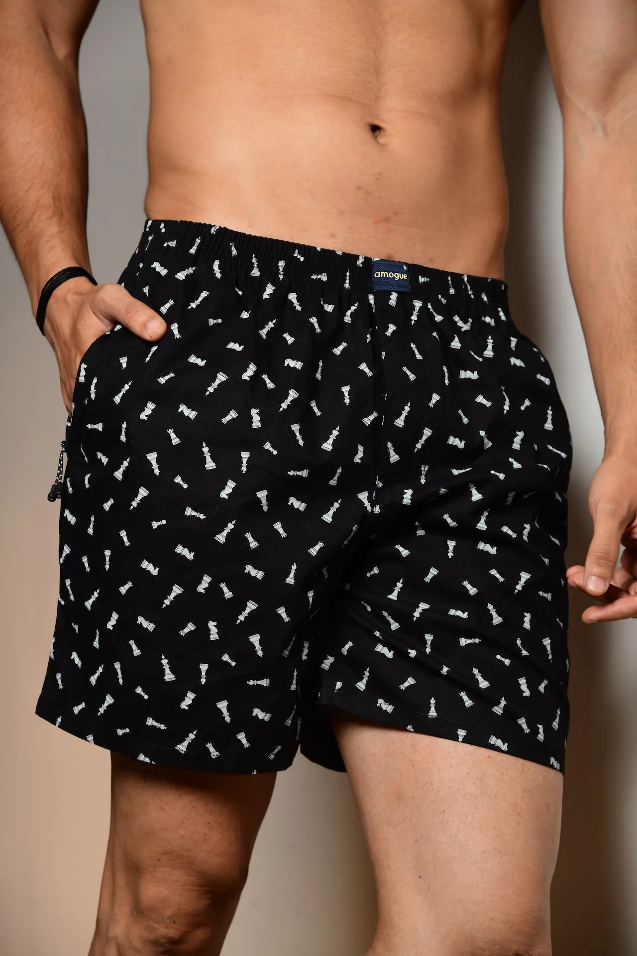 Black Chess Printed Single Cotton Boxers Combo