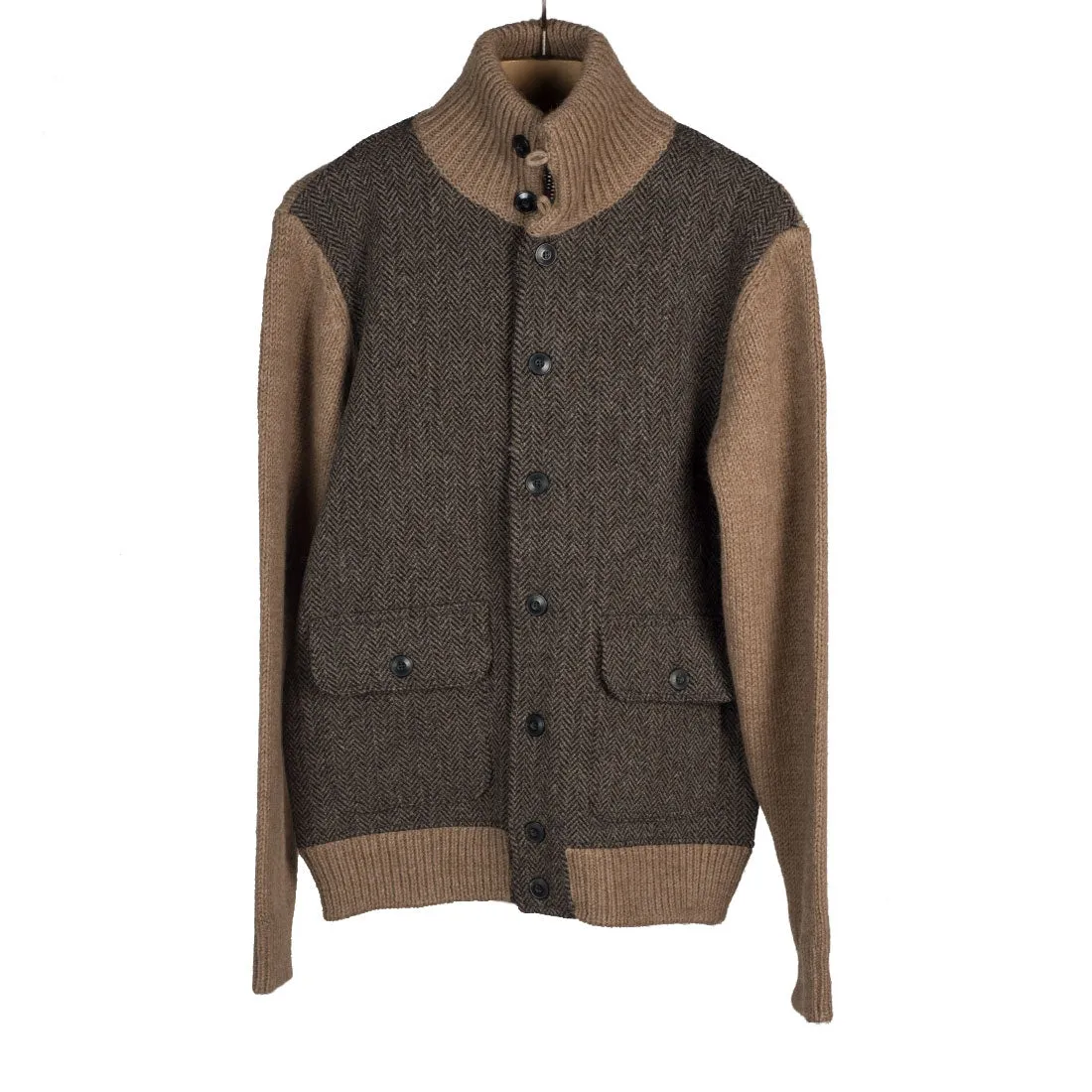 Brown herringbone A1-style wool & alpaca cardigan