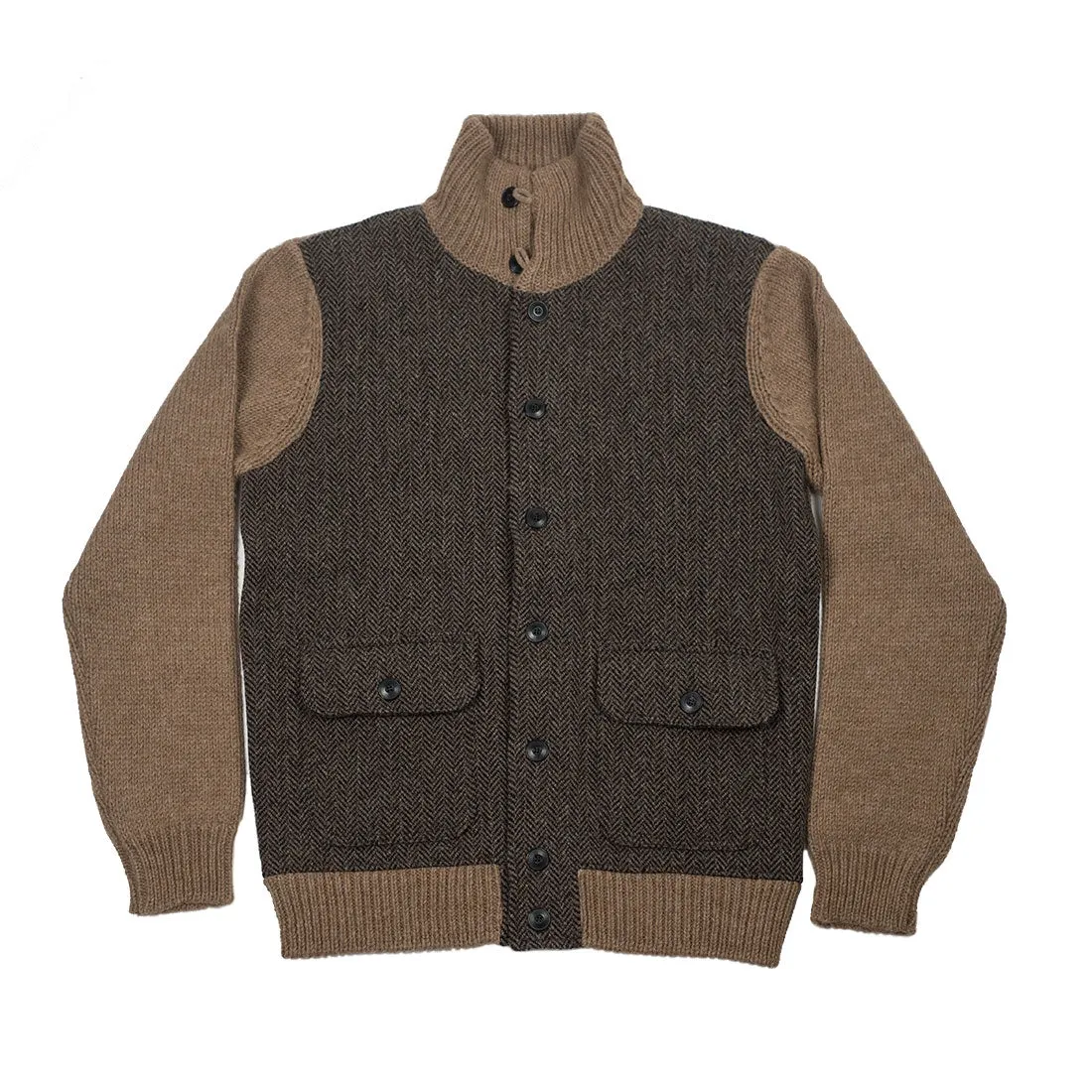 Brown herringbone A1-style wool & alpaca cardigan