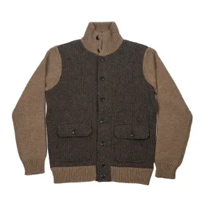 Brown herringbone A1-style wool & alpaca cardigan