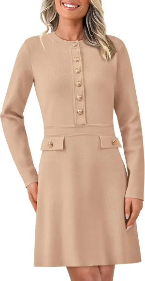 BTFBM Women Fall Dresses 2025 Casual Long Sleeve Bodycon Sweater Dress Decorative Button Formal Mini Dresses
