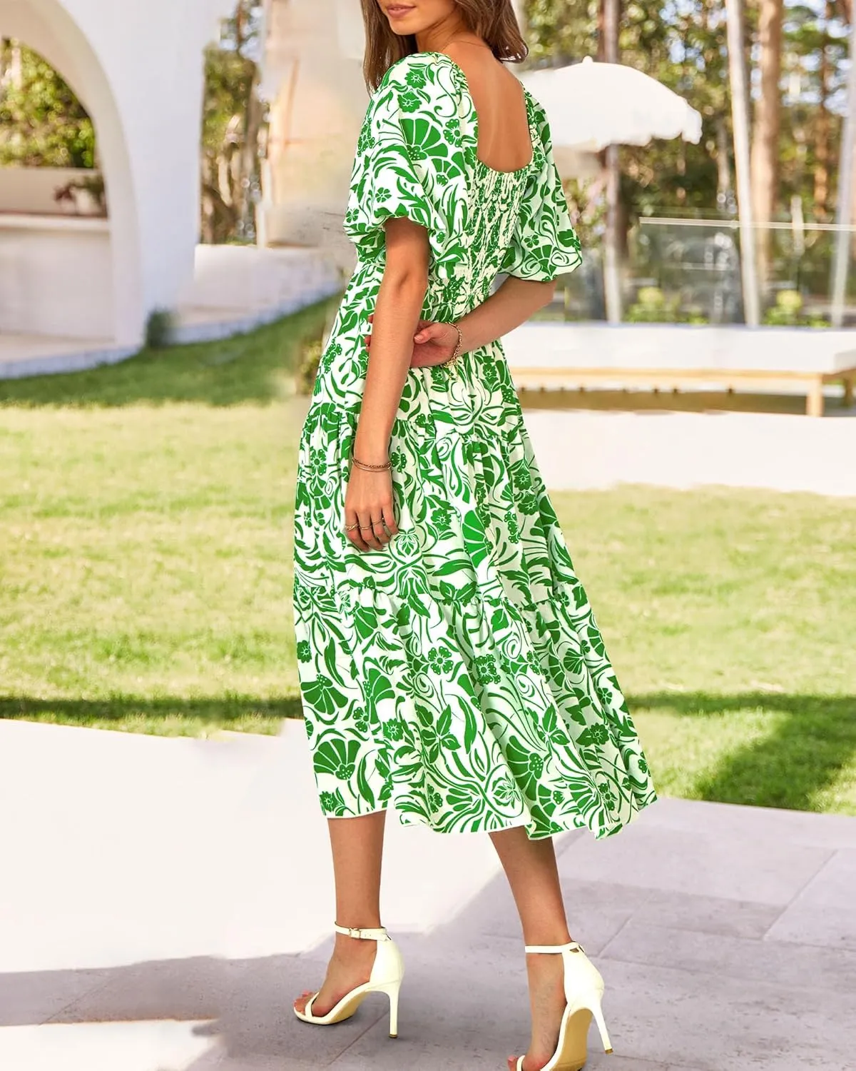 BTFBM Women Summer Dresses 2025 Casual Flowy Beach Square Neck Puff Short Sleeve Smocked Back Boho Floral Long Maxi Dress