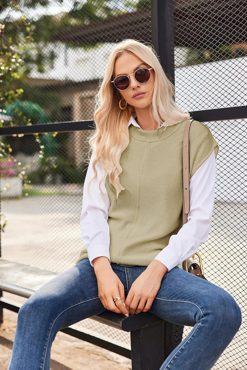 Casual Cap Sleeve Sweater for Women Crew Neck Loose Fit Cotton Pullover Tops Knit Light Sweater Tops