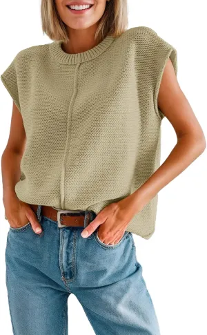Casual Cap Sleeve Sweater for Women Crew Neck Loose Fit Cotton Pullover Tops Knit Light Sweater Tops