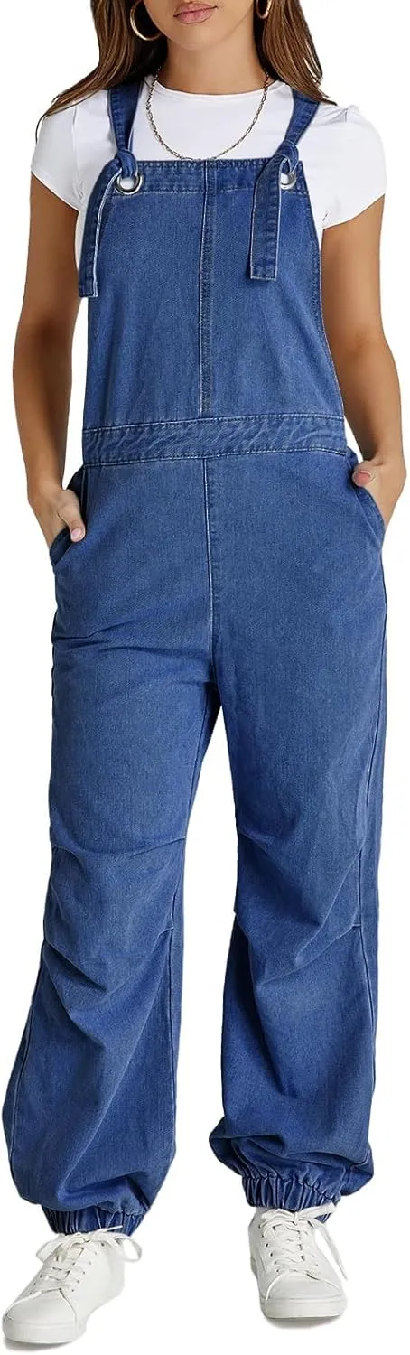 Cicy Bell Womens Baggy Denim Overalls Loose Fit Lantern Jogger Leg Jean Jumpsuit with Pockets