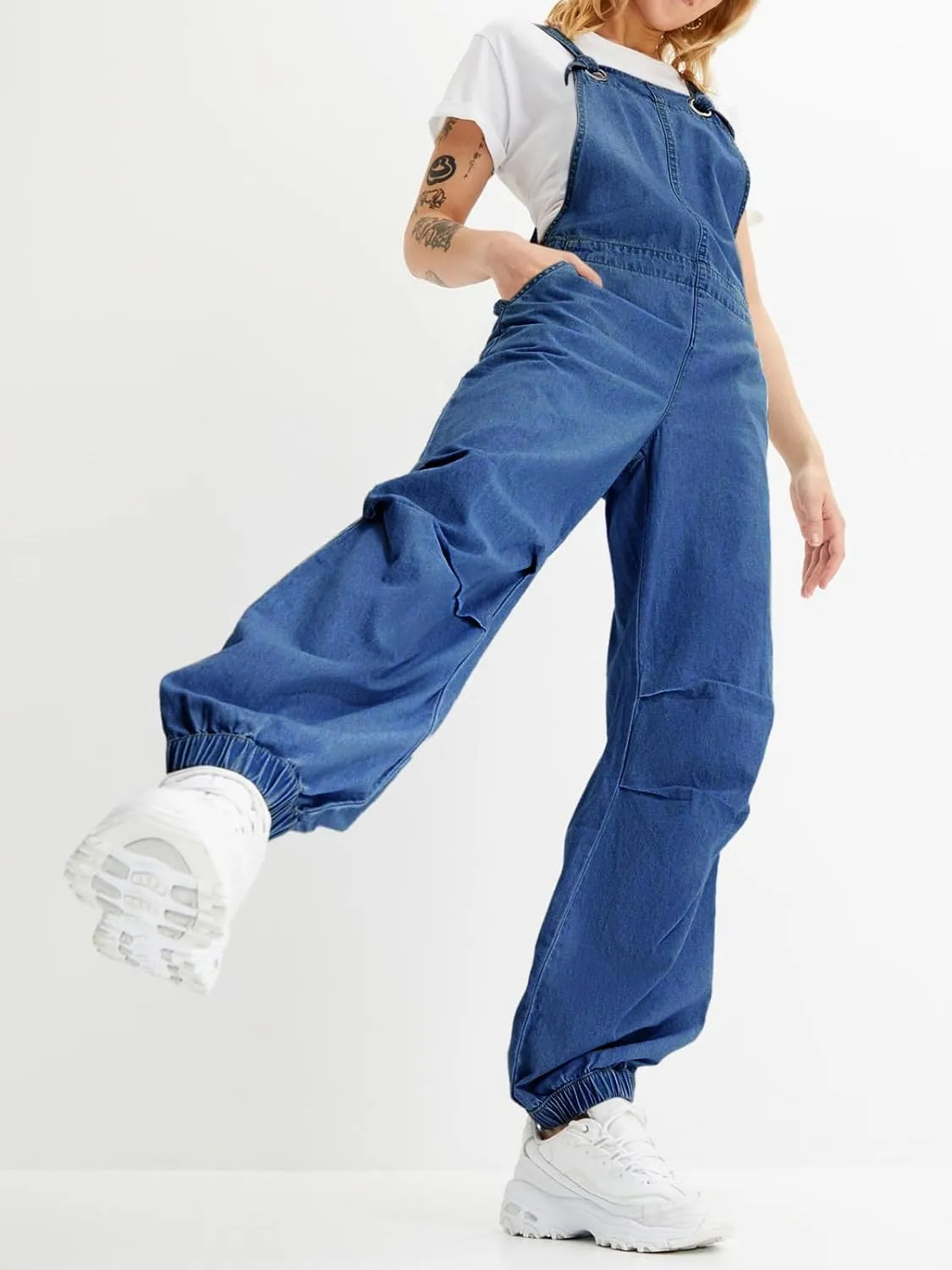 Cicy Bell Womens Baggy Denim Overalls Loose Fit Lantern Jogger Leg Jean Jumpsuit with Pockets