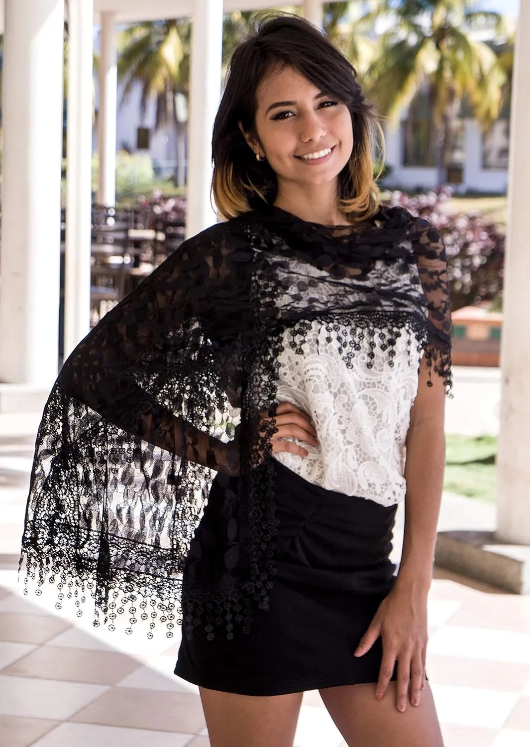 Cindy and Wendy Lightweight Soft Leaf Lace Fringes Scarf shawl for Women
