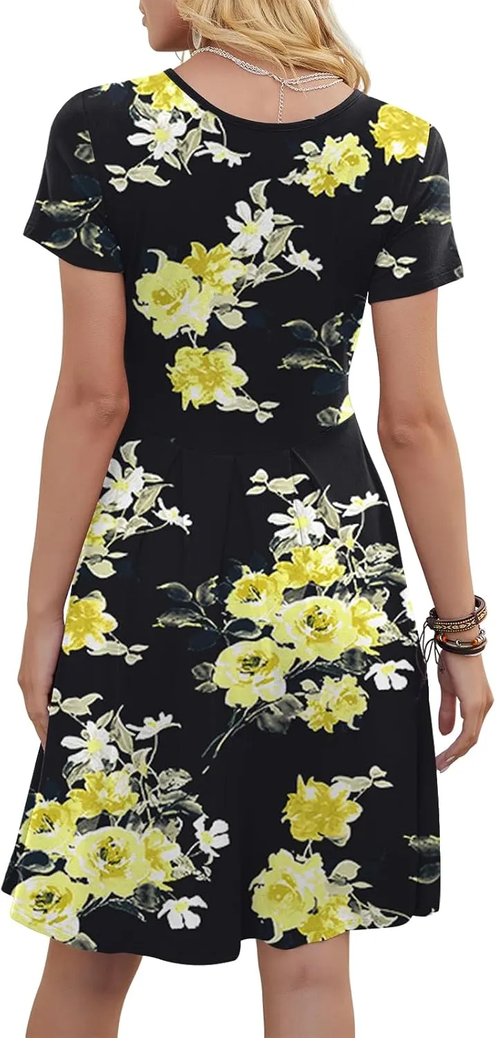 DouBCQ Women's Casual Flowy Pleated Loose Dresses with Pockets