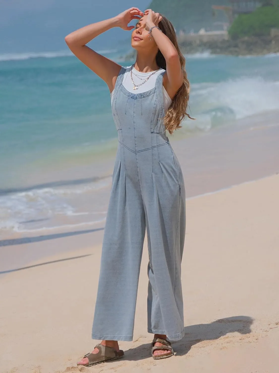EXLURA Women Summer Overalls Denim Loose Fit Wide Leg Bib Jumpsuits Casual Adjustable Baggy Jeans Romper with Pockets 2025