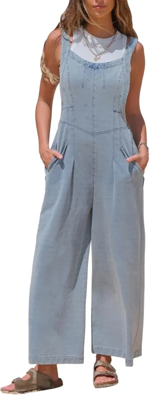 EXLURA Women Summer Overalls Denim Loose Fit Wide Leg Bib Jumpsuits Casual Adjustable Baggy Jeans Romper with Pockets 2025