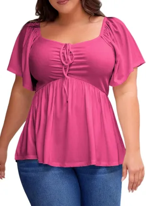 Eytino Women Plus Size Sweetheart Neck Short Sleeve Shirred Peplum Blouse Tops Shirts(1X-5X)
