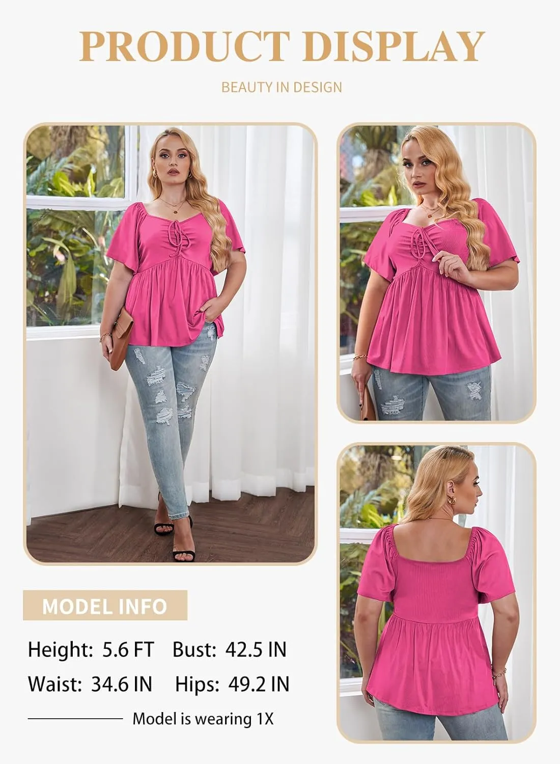 Eytino Women Plus Size Sweetheart Neck Short Sleeve Shirred Peplum Blouse Tops Shirts(1X-5X)