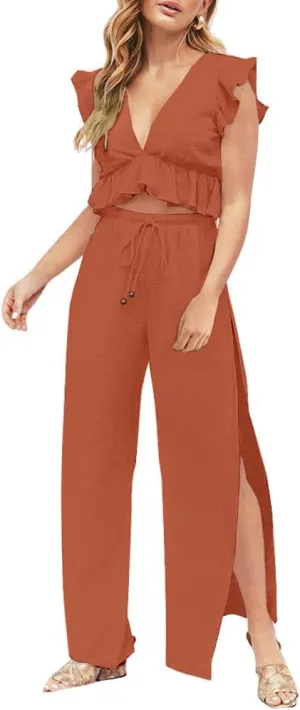 FANCYINN Womens 2 Pieces Outfits Deep V Neck Crop Top Side Slit Drawstring Wide Leg Pants Set Jumpsuits