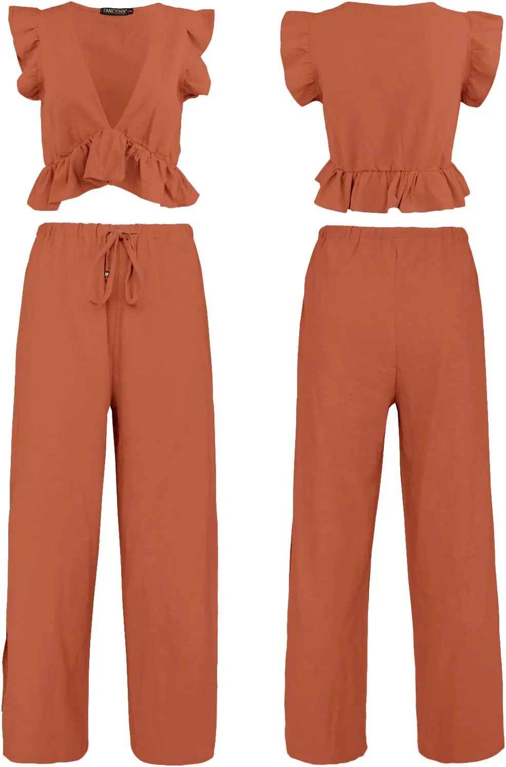 FANCYINN Womens 2 Pieces Outfits Deep V Neck Crop Top Side Slit Drawstring Wide Leg Pants Set Jumpsuits
