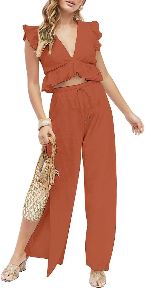 FANCYINN Womens 2 Pieces Outfits Deep V Neck Crop Top Side Slit Drawstring Wide Leg Pants Set Jumpsuits