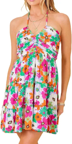 FEORJGP Womens Summer Boho Halter Neck Mini Dress Floral Print Sleeveless Backless Dress Beach Sundress Club Party Beachwear