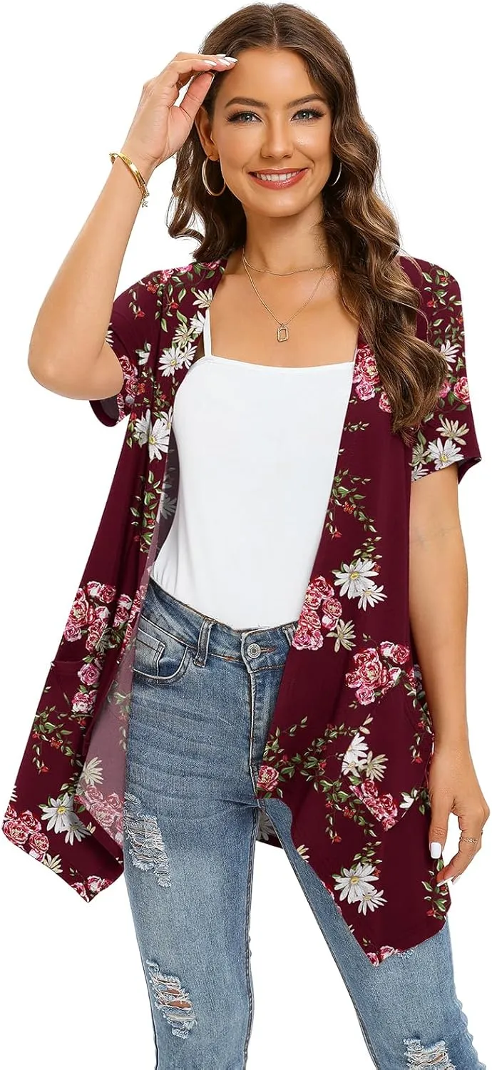 Floral Short Sleeve Cardigans for Women Casual Drape Open Front Lightweight Summer Cardigan with Pocket High Low Hem