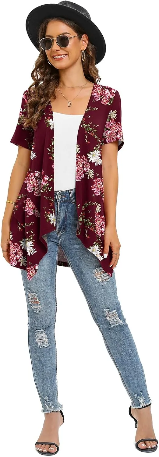 Floral Short Sleeve Cardigans for Women Casual Drape Open Front Lightweight Summer Cardigan with Pocket High Low Hem