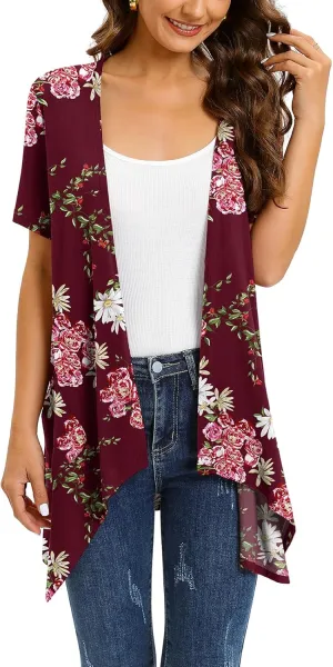 Floral Short Sleeve Cardigans for Women Casual Drape Open Front Lightweight Summer Cardigan with Pocket High Low Hem