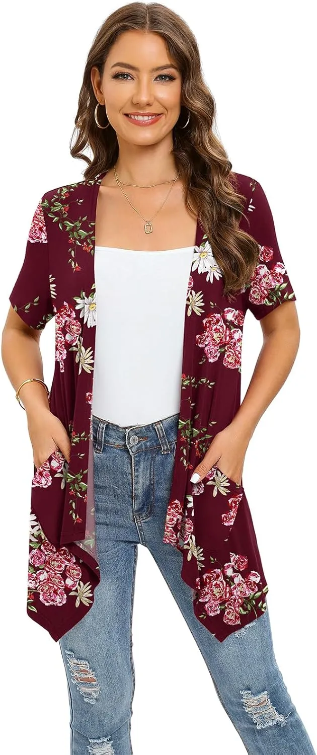 Floral Short Sleeve Cardigans for Women Casual Drape Open Front Lightweight Summer Cardigan with Pocket High Low Hem
