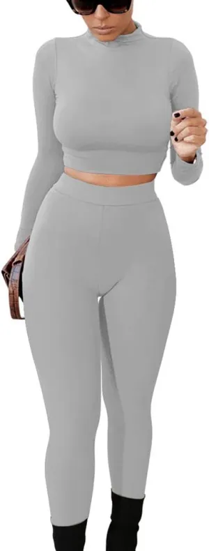 GOKATOSAU Women's Sexy 2 Piece Outfits Long Sleeve Crop Top Pants Set Club Jumpsuits